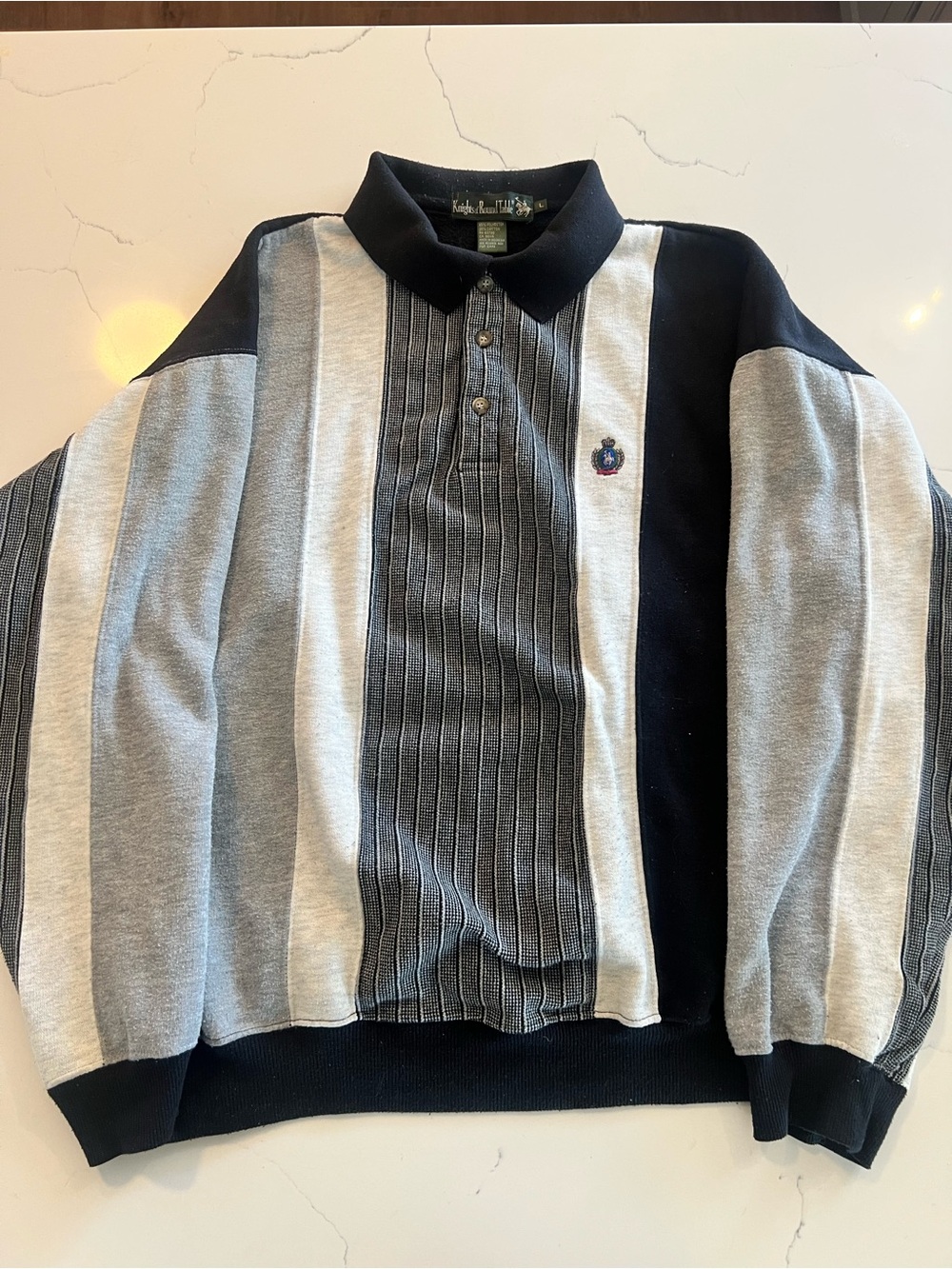 Vintage Knights of the Round Table Striped Long-Sleeve Polo in Black and Gray
